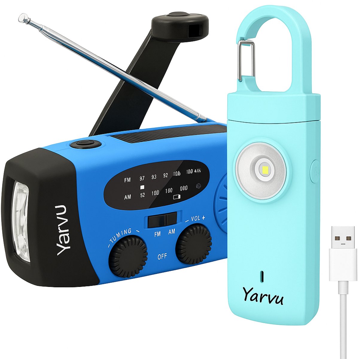 Yarvu ® - 6 IN 1 Noodradio + Persoonlijke Alarm - 3 LED Zaklamp - Opwindbaar + Zonneenergie + Nood Radio Op ingebouwde Batterijen ( Accu ) - Solar Noodpakket - Voor Rampen - Draagbare - FM AM - Blauw