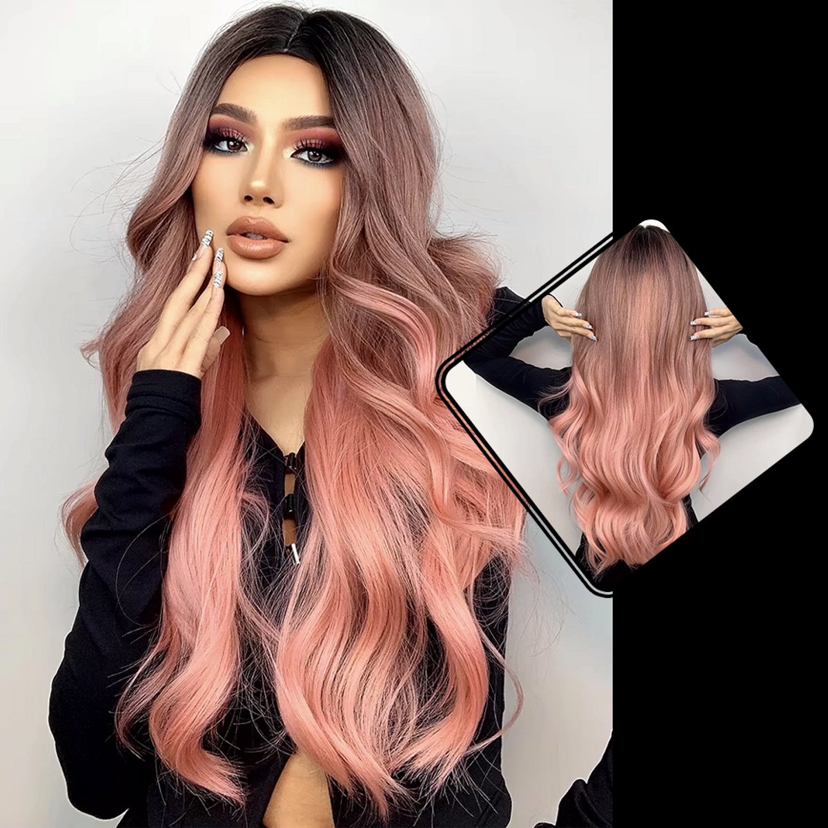 Wigs & More - Roze Pruik - Pruiken Dames Lang haar - Golvend - Wasbaar - Incl. Haarnetje - 65 cm
