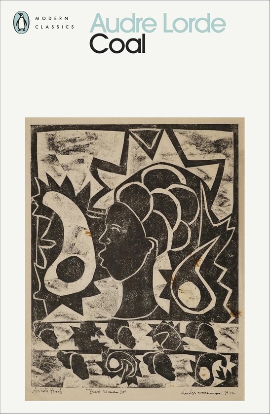 Boekomslag van "Coal" door Audre Lorde, met een zwart-wit houtsnede van een profiel van een vrouwengezicht en gestileerde figuren.