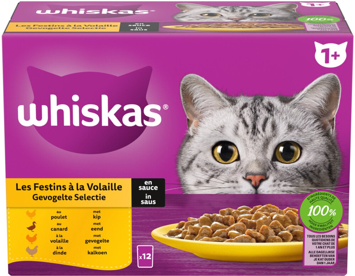 Whiskas Whiskas Kattenvoer Nat Pouch 1+ Adult Saus Gevogelte Selectie - 12 x 85 gr