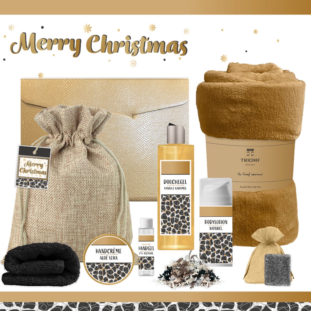 Geschenkset “Merry Christmas” - 8 producten - 1210 gram - Triomf Cosmetica | Giftset voor haar Luxe wellness cadeaubox Cadeau vrouw Gift Set Kerst Geschenk Fijne Feestdagen Kerstpakket Cadeaupakket Prettige Kerstdagen Collega Panter Goud