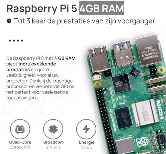 Voeding Raspberry Pi 4 Raspberry Pi 5 4GB Starter Kit met 64GB en USB-C Voeding | bol