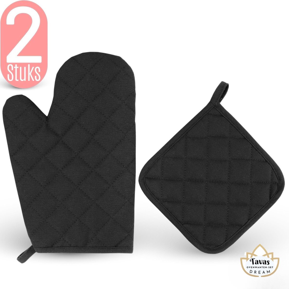 Dream Ovenwant met Pannenlap - Set van 2 - Zwart- Hittebestendig - Katoen - Thermolite tot 250°C | Pannenlappen - Ovenwanten - Ovenhandschoenen