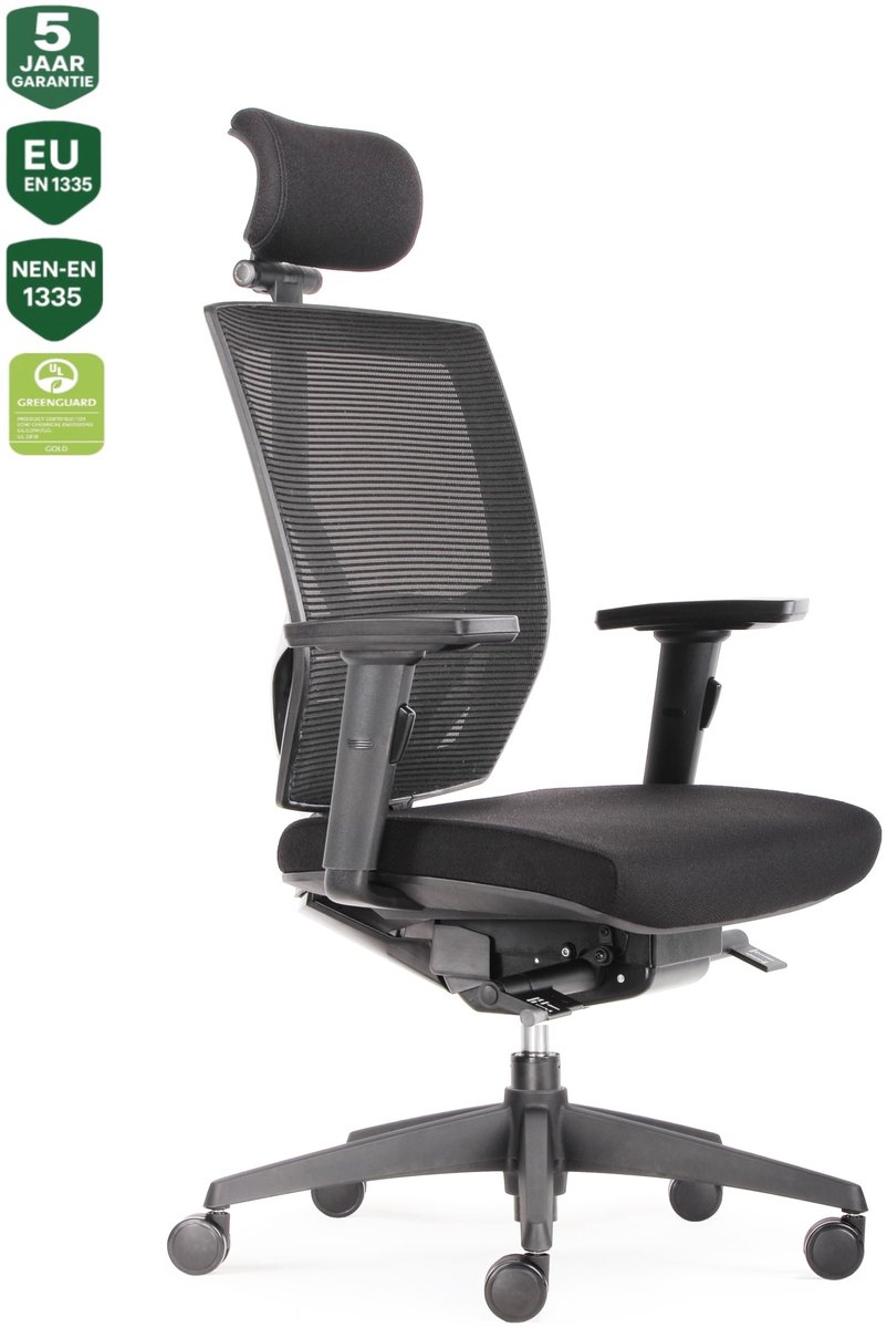 BENS 807H-Synchro-3 - Zwarte Luxe Ergonomische Bureaustoel - Volwassenen - met Hoofdsteun - Uitermate geschikt voor langere personen - Kantoorstoel - GREENGUARD GOLD - NEN-EN1335 & ARBO normen