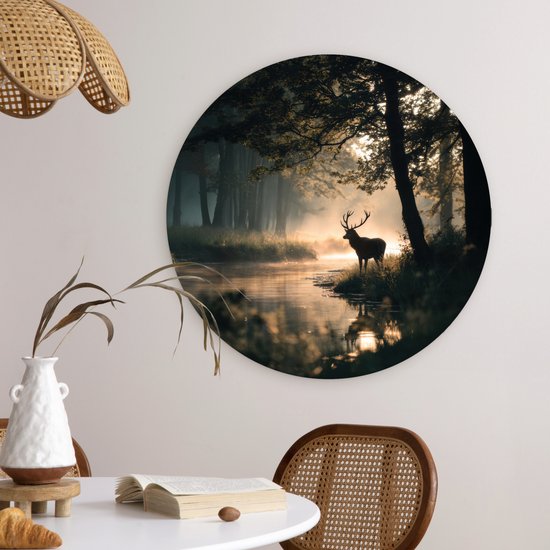 WallCircle® Cercle mural 60x60 cm - Cercle mural Cerf - Ruisseau forestier - Mystique - Décoration murale salon - Décoration murale chambre - Accessoires de décoration - Tableaux ronds