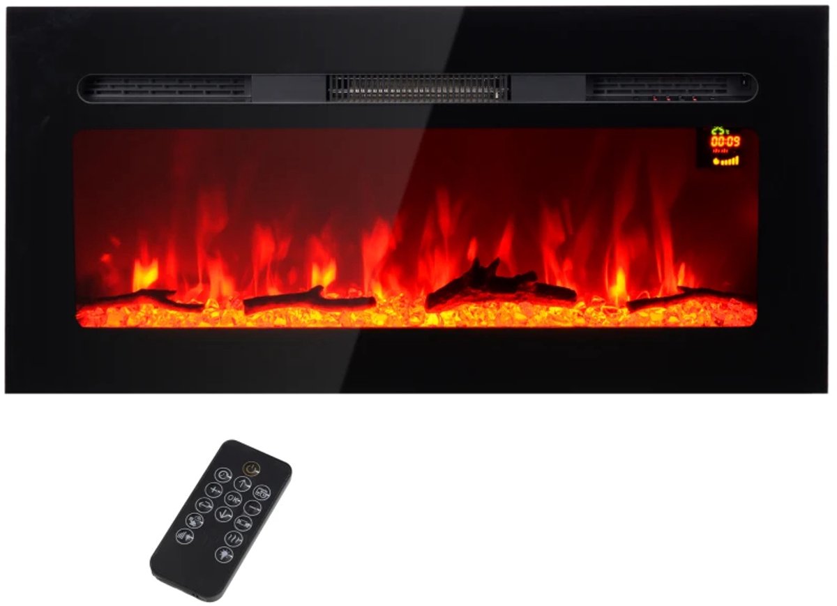 Sfeerhaard Elektrisch met Wandmontage - Haard met Verwarming - Wandhaard met LED-vlameffect - 1800 W - met Afstandsbediening en Timer - Decoratieve Haardkachel - Kachel - Zwart