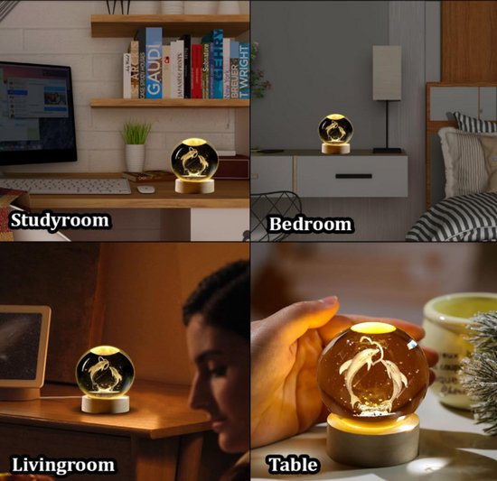 Kristallen LED-bol “Paard & Prinses” - Magische 3D Nachtlamp in Glas met Houten Basis van Merkloos — afbeelding 3
