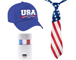 USA / Amerika supporters verkleed set - baseballcap met print - blauw - met vlag schminkstift - stropdas - volwassenen - Sport / WK / landen
