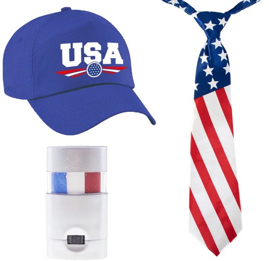 USA / Amerika supporters verkleed set - baseballcap met print - blauw - met vlag schminkstift - stropdas - volwassenen - Sport / WK / landen