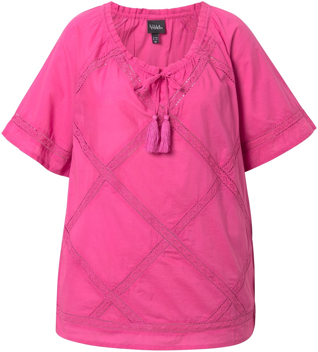 Ulla Popken - Dames - Blouse gehaakt kanten lint ronde hals halflange mouwen - Felroze - Maat 54+