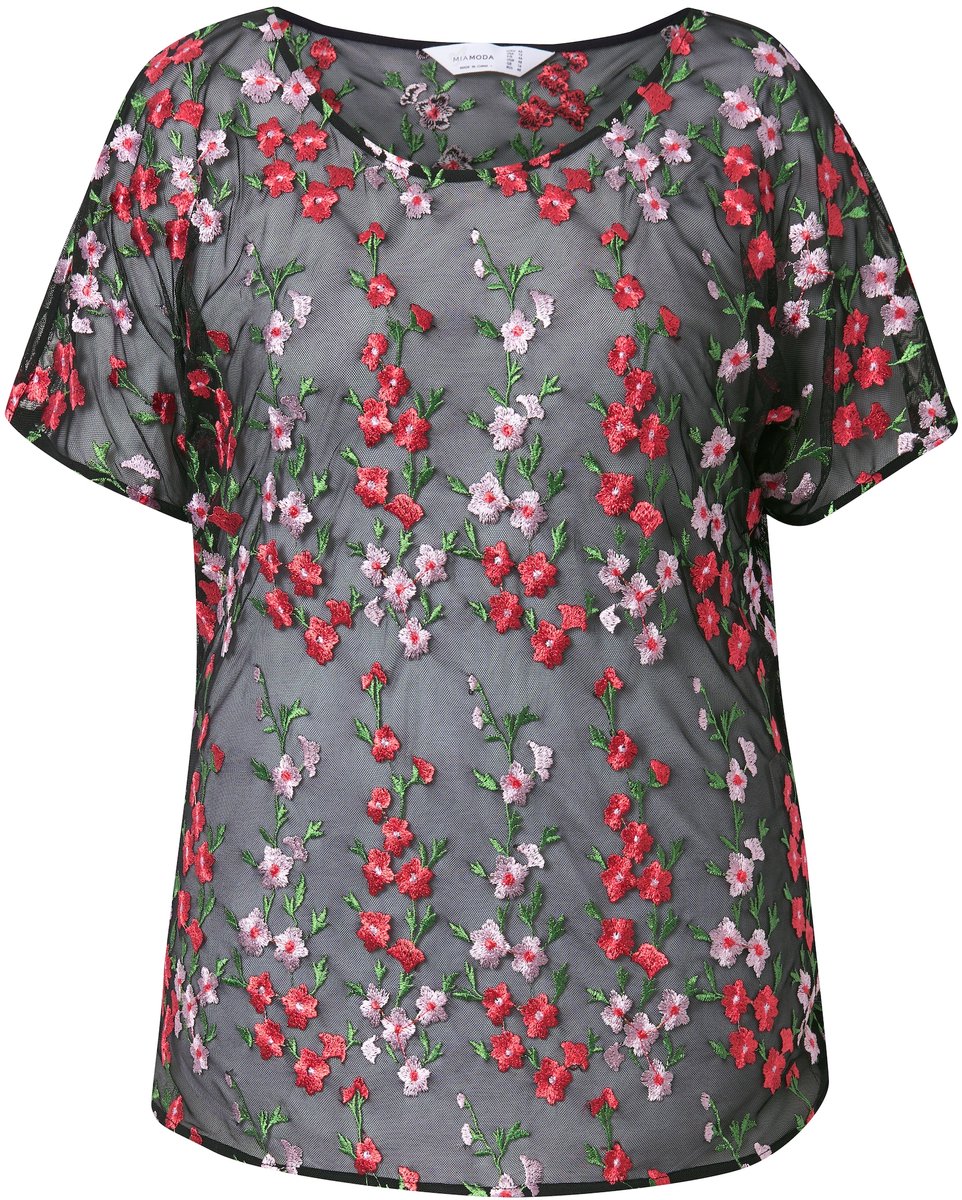 MIAMODA - Dames - Overhemdblouse classic fit bloemenborduursel - Zwart - Maat 46
