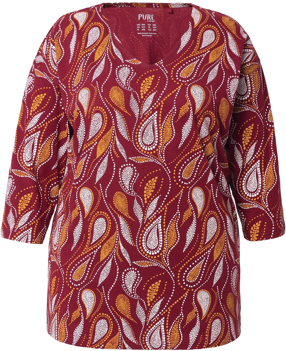 Ulla Popken Dames - Pyjamashirt paisley V-hals 3/4-mouwen biologisch katoen - Donker kersenrood - Maat 50+