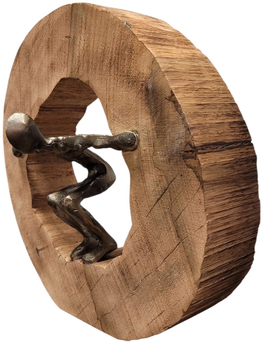 Gilde Handwerk Sculptuur Jump van mangohout en aluminium -12x30x30 cm bronskleurig en hout - maak de sprong voor de uitdaging