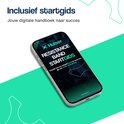 Smartphone met 'Resistance Band Startgids' erop, met groene en blauwe achtergrond.