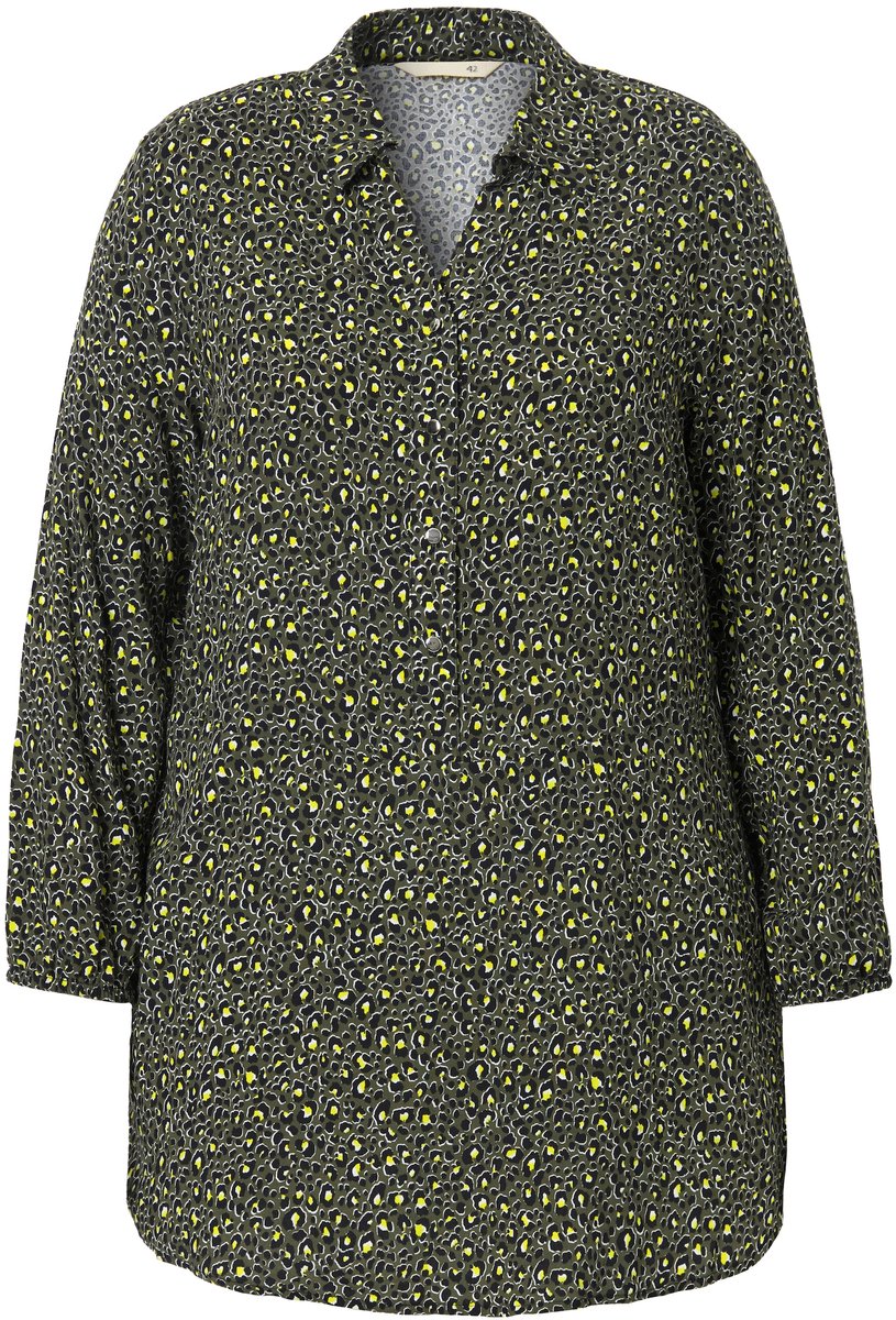 MIAMODA - Dames - Blouse A-lijn luipaard-motief volant aan de zoom lange mouw - Donkergroen - Maat 44
