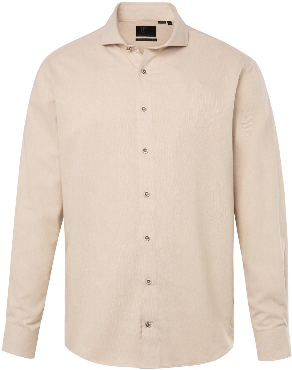 JP 1880 - Heren - Flanellen overhemd lange mouwen haaienkraag Comfort Fit - Natuur - Maat XL