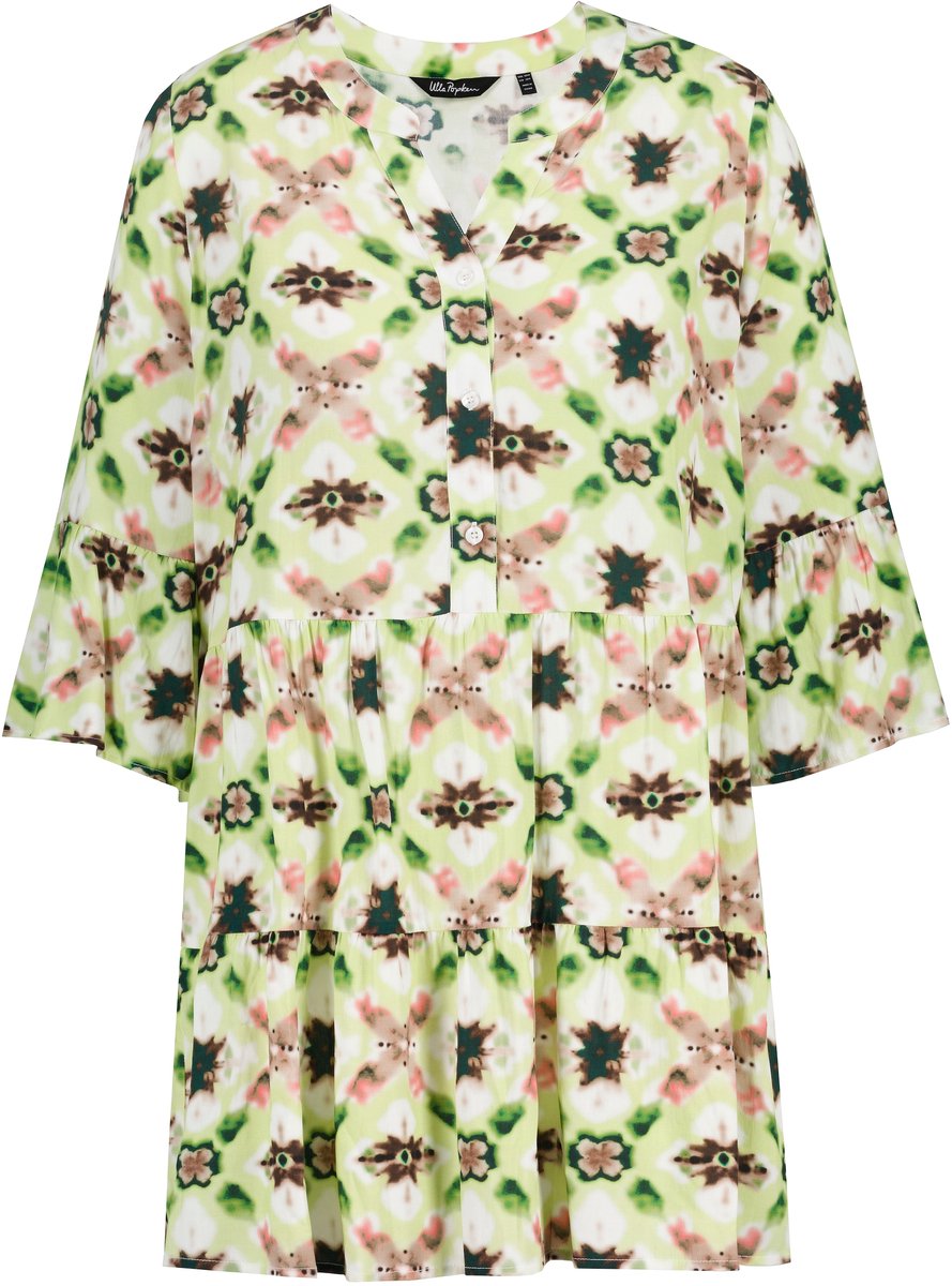 Ulla Popken Dames - midi jurk volants A-lijn tuniekhals 3/4-mouwen - Limoengroen - Maat 46+