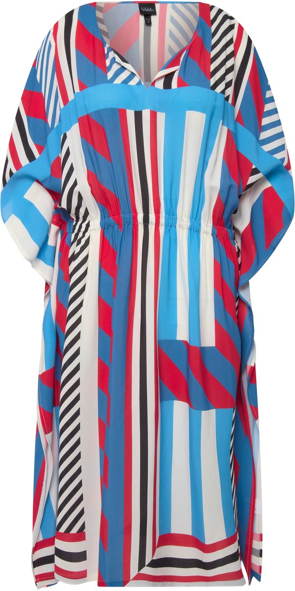 Ulla Popken Dames - midi jurk grafisch oversized ronde hals korte mouwen - Salsarood - Maat 50+
