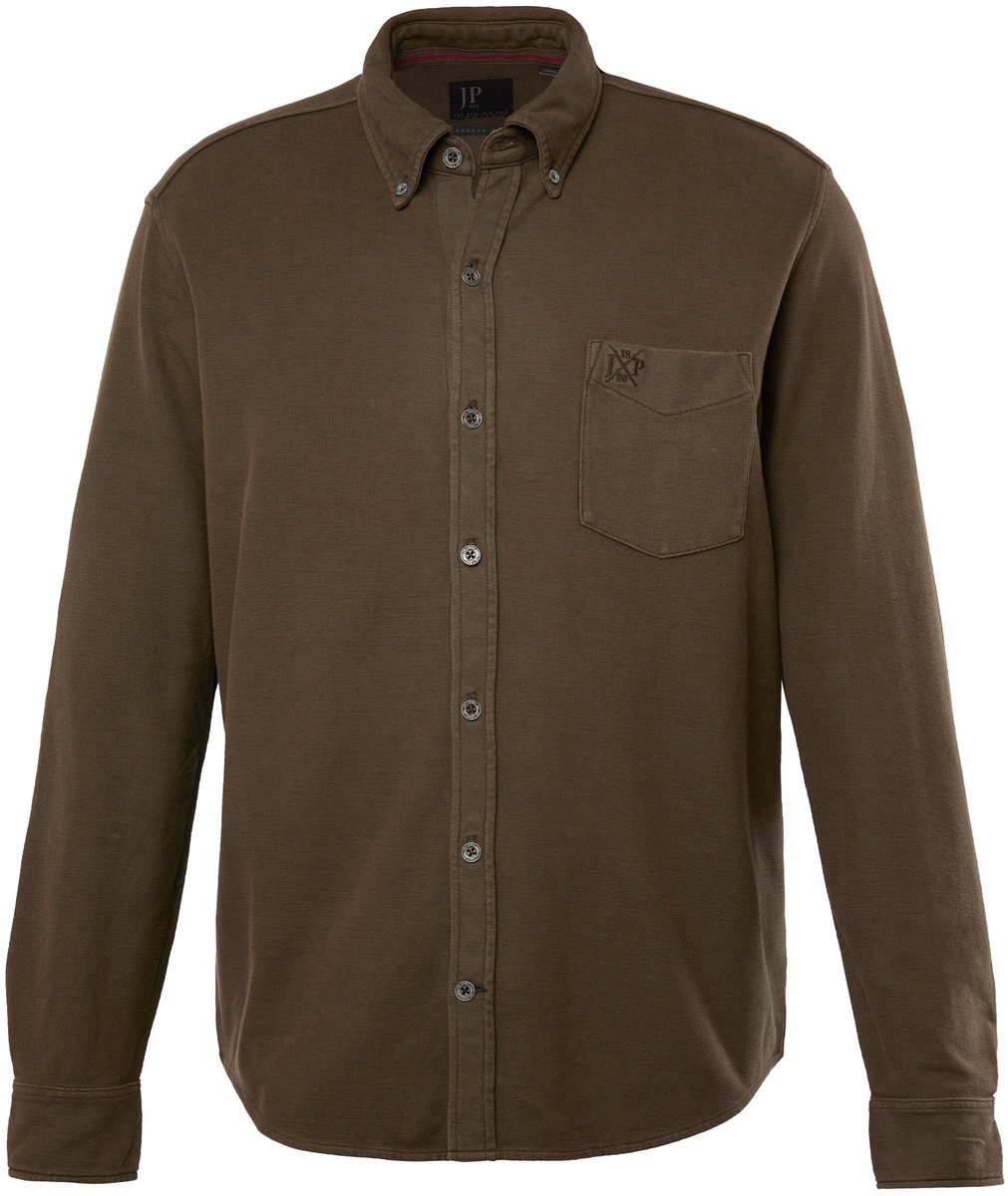 JP 1880 - Heren - Piqué overhemd lange mouwen acid washed kentkraag modern fit - Donkerbruin - Maat XXL
