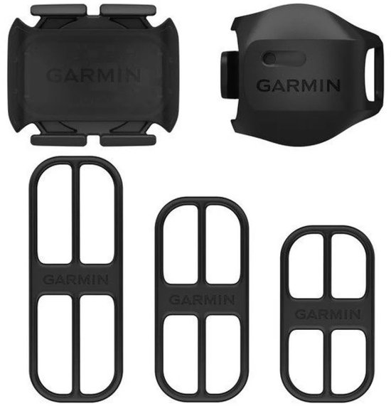Zwarte Garmin snelheids- en cadanssensoren, bestaande uit een houder en een sensor.