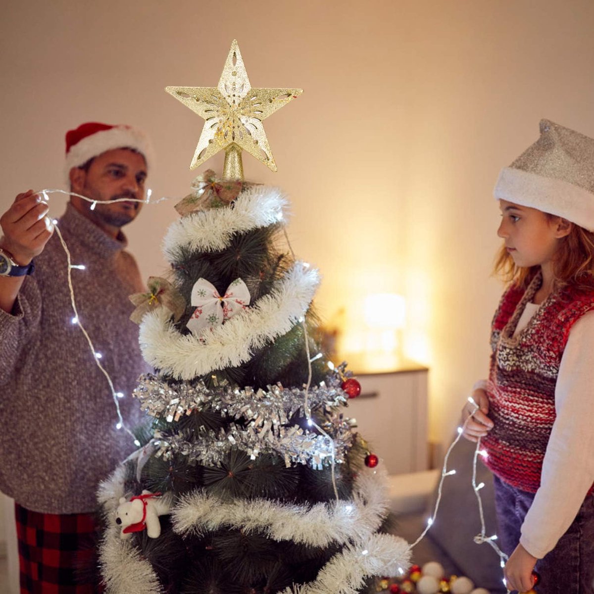 Projectorlamp - Sneeuw projector verlichting - Sneeuwvlokprojectorlamp - Kerstboom Topper - sneeuwvlokken licht projector voor Kerstmis - Snow Projector - LED-sneeuwspot voor binnen - huisdecoratie- Voor kerstboomversiering - Goud – foto 2
