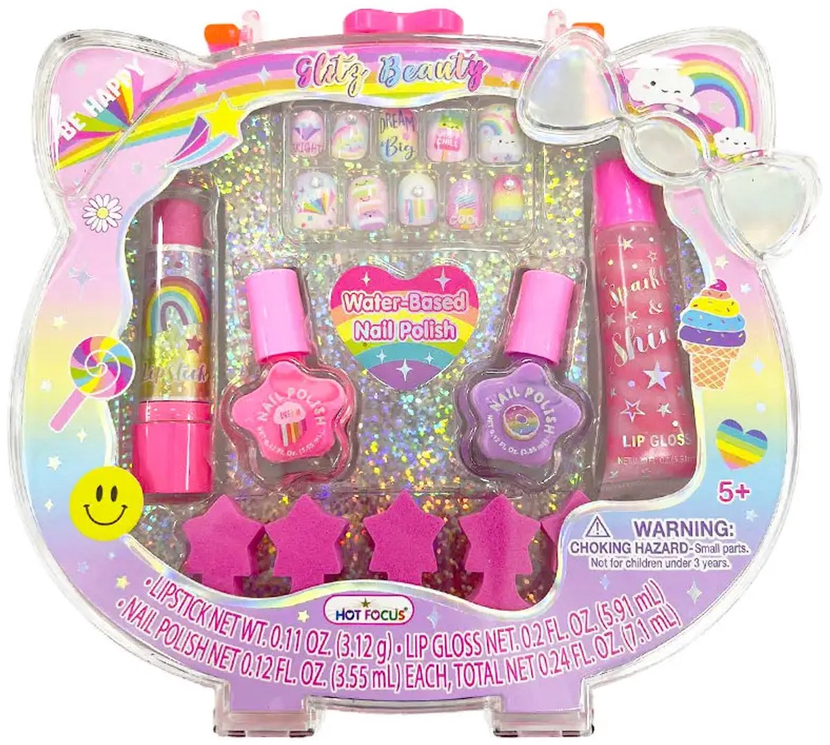 Kinder Beauty Set Deluxe – Glitter Oogschaduw + Nagellakken + Kunstnagels + Zelfklevende Oorbellen