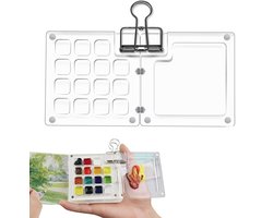 Draagbaar aquarel palet met 15 rasters en clip - Palet - Verfdoos - Aquarelpalet - Metalen clip - Acryl paletdoos - Opvouwbaar - Schetsboekpalet - Reisverfbak - Schetstool voor buiten (Verf niet inbegrepen) - Voor aquarel, gouache en acrylverf