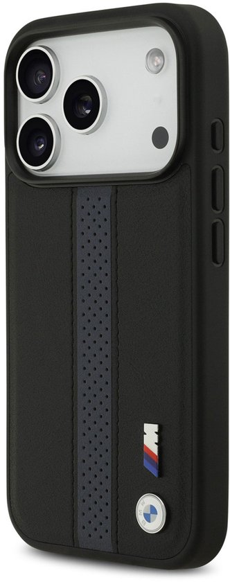 Coque arrière BMW iPhone 17 Pro - Cuir PU avec rayures Blue perforées et logos Métal - Noir
