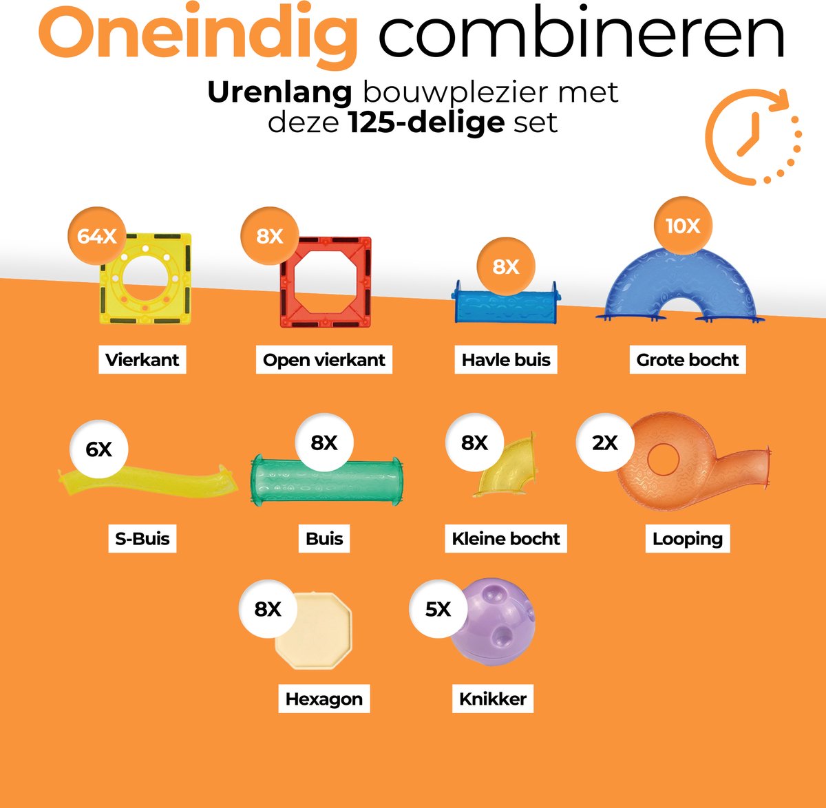 Magna Minds - Magnetic Tiles - Knikkerbaan - 125 stuks - Magnetisch Speelgoed - Constructie speelgoed - Magnetische tegels - Montessori speelgoed - Magnetic toys - Magnetische bouwstenen - Speelgoed Kinderen — afbeelding 2