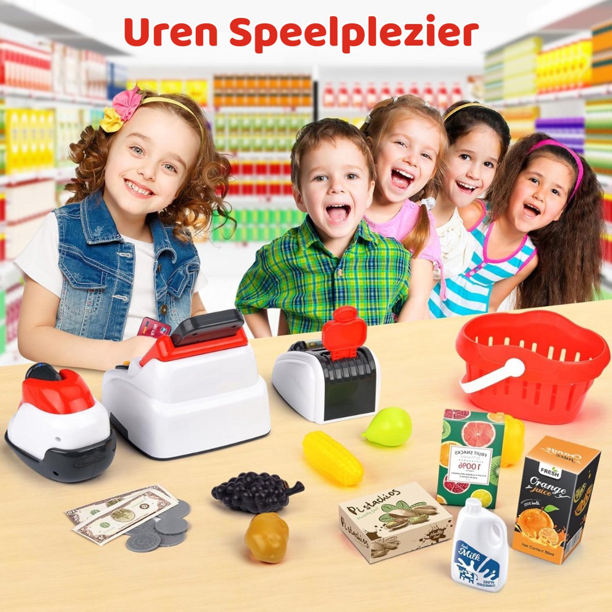 Luumuu® Kassa Speelgoed - Speelkassa - Scanner - Speelgoedkassa Kinderen - Winkeltje - Supermarkt - Speelgeld - Winkelmandje - Biljetten - Accessoires - Speelwinkel — afbeelding 6