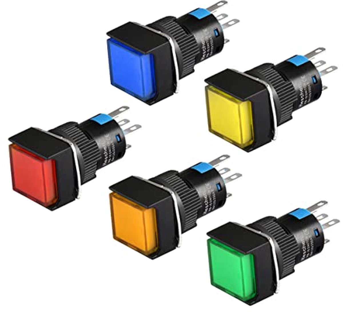 5 Stuks 16 mm Vierkante Drukknopschakelaars met LED-lamp in Rood, Blauw, Groen, Geel en Oranje