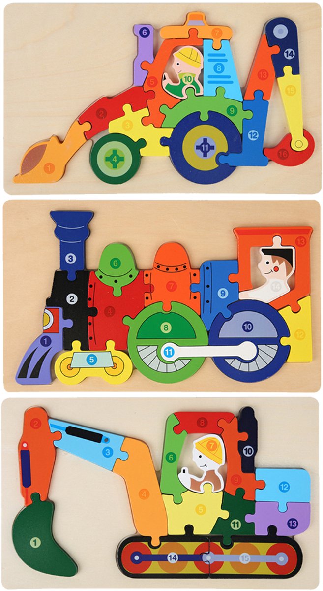 Houten Blokpuzzel-Montessori Speelgoed-3D puzzel-Kinderen-3 Jaar-Gift-Cadeau-Schoploader,Trein,Graafmachine, Educatief Spel voor 3 4 5 6 7 Jaar, Cadeau voor Jongens en Meisjes