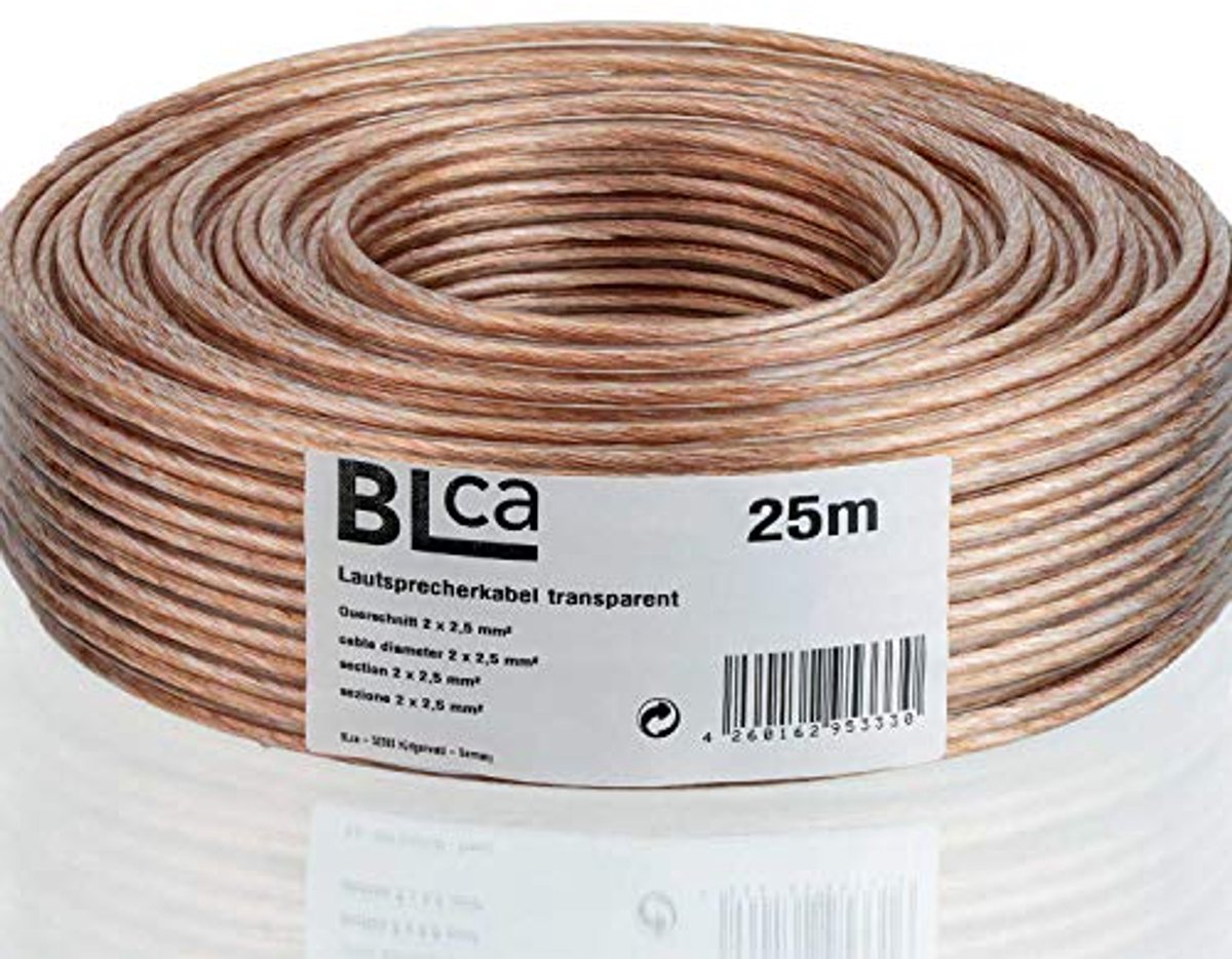 25m 2x2,5mm² Luidsprekerkabel - Transparant Geïsoleerd met Polariteitsmarkering voor Stereo-installaties
