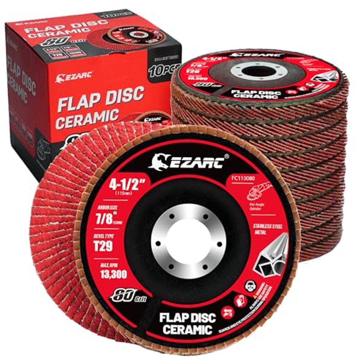 Keramische klepschijven 80 grit - 4 1/2 x 7/8 inch voor roestvrij staal en metaal, 10 stuks