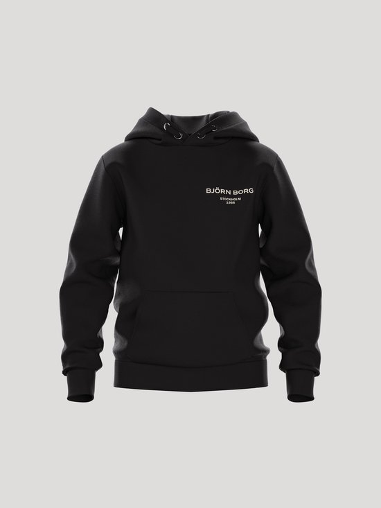 Zwarte hoodie van Björn Borg met witte tekst: BJÖRN BORG, STOCKHOLM 1968. Met capuchon en kangoeroezak.