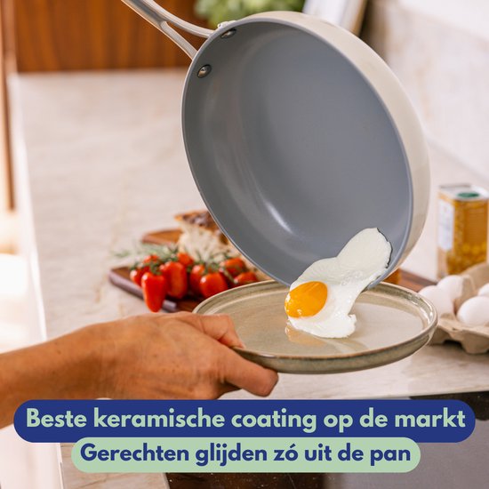 Een gebakken ei glijdt uit een grijze pan met keramische coating op een bord. Tekst: Beste keramische coating, gerechten glijden zo uit de pan.