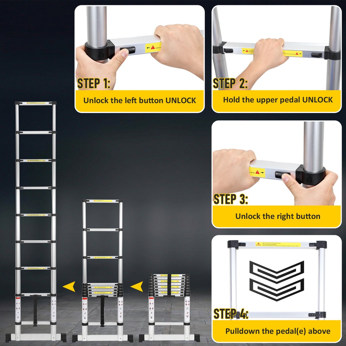Telescopische Vouwladder - Telescopische Ladders - Werkhoogte 3,8M - zilverachtig - lichte uittrekbare ladder - met Barre d'équilibre – foto 3