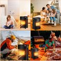Vier afbeeldingen van een zwarte mobiele gaskachel in verschillende settings: in een slaapkamer, woonkamer, buiten bij een tent en bij een barbecue.