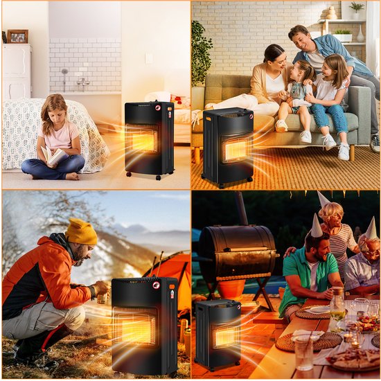 Vier afbeeldingen van een zwarte mobiele gaskachel in verschillende settings: in een slaapkamer, woonkamer, buiten bij een tent en bij een barbecue.