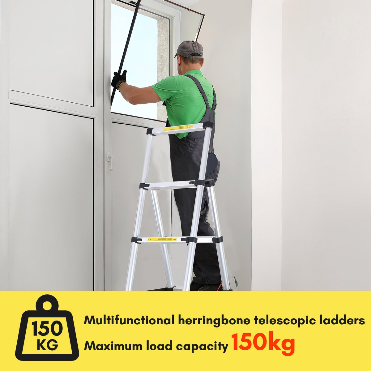 Telescopische Ladder - Telescoopladder - 1,4m+1,7m zilver, Max. Belasting 150 kg, Compact en Draagbaar met Soft Closing Systeem, Geschikt voor Particulier en Professioneel Gebruik, Telescopische Vouwladder – foto 6