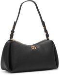 Zwarte DKNY schoudertas met gouden 'DKNY' logo op de voorkant en een enkele schouderband.
