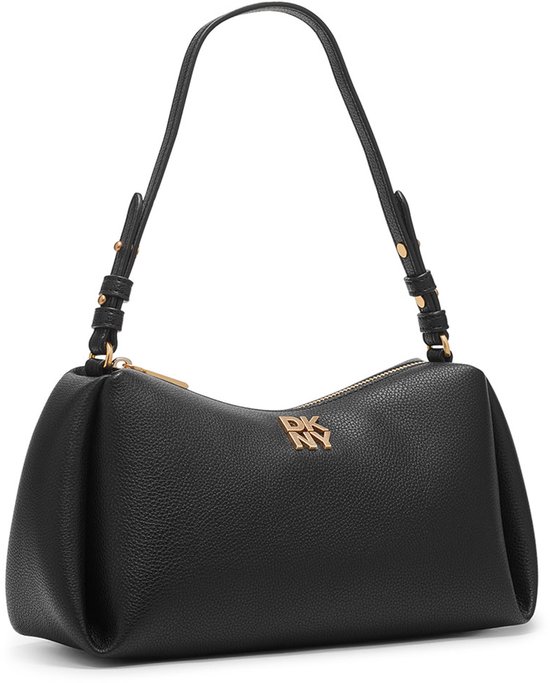 Zwarte DKNY schoudertas met gouden 'DKNY' logo op de voorkant en een enkele schouderband.
