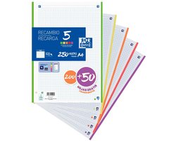Oxford Hamelin Navulblok A4 Geruit 200+50 Vel 5x5 4 Gaats Perforatie 5 Kleuren Live Transparant Kinderen
