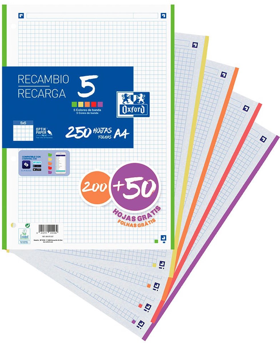 Oxford Hamelin Navulblok A4 Geruit 200+50 Vel 5x5 4 Gaats Perforatie 5 Kleuren Live Transparant Kinderen