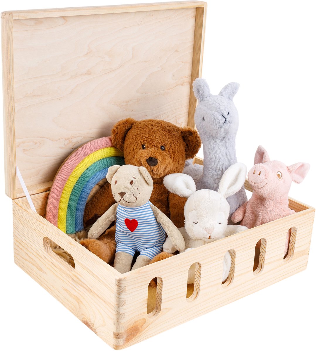 Creative Deco XL Grote houten kist met deksel en openingen | 40 x 30 x 14 cm (+/-1cm) | Herinneringsdoos Baby Houten kist Ongelakt Kist | met handvatten | Voor documenten, speelgoed