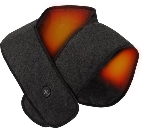 Donkergrijs nekwarmtekussen met gloeiende warmte-elementen in oranje.