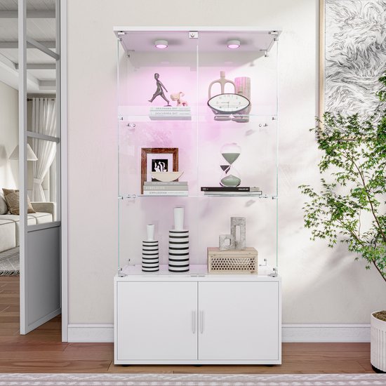 Vitrine en Verres avec LED et serrure - vitrine pour collections, 4 portes, 3 étagères en verre ESG, pour chambre, salon et bar, 164 x 78,5 x 35 cm (blanc, clignotant)