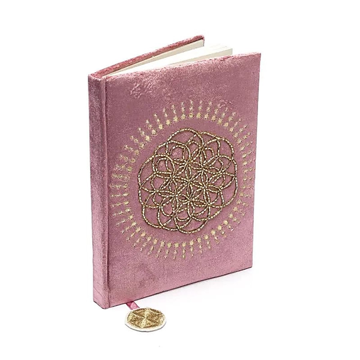 Notitieboek fluweel oudroze met Bloem des Levens – 20 cm x 15 cm