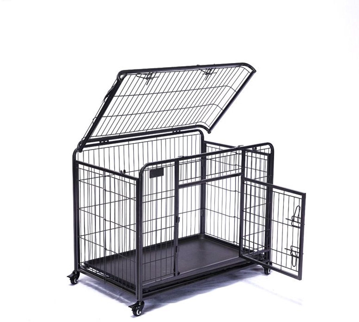 Qoozi Pet Hondenbench op Wielen – 110x71x78 cm – Met 1 Deur & Inclusief Hondenkussen – Stevig 15 mm Stalen Frame – Verhoogde Bodem, Afneembaar Dakpaneel & wielen met rem– Voor Grote Honden – QZ1121546