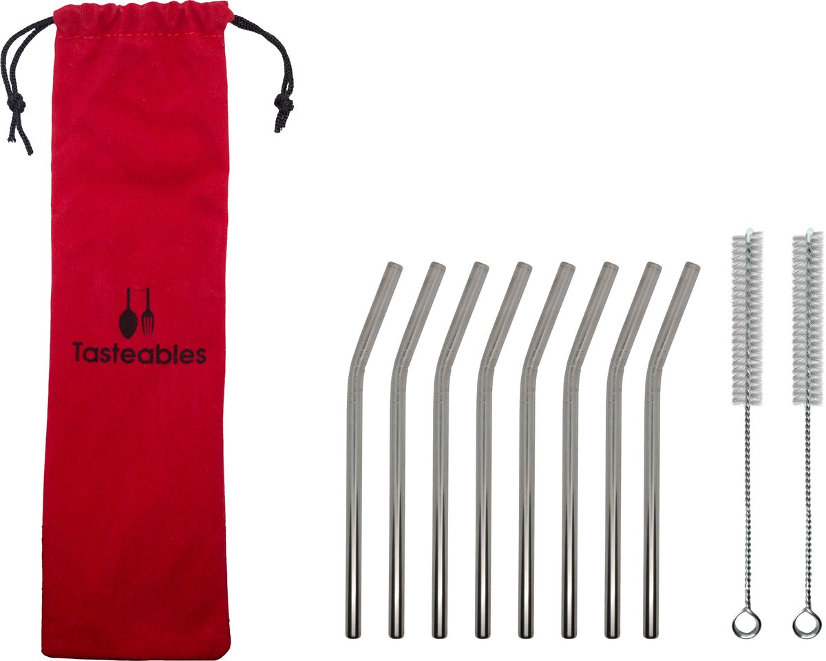 RVS Rietjes Gebogen - Tasteables - Cocktail Rietjes - Set van 8 - Duurzaam - Herbruikbaar - Reinigingsborstel - 140mm lengte - Zilver